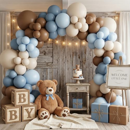 Dusty Blue & Brown Balloon Arch Kit - 122 Pcs Baby Shower Decor