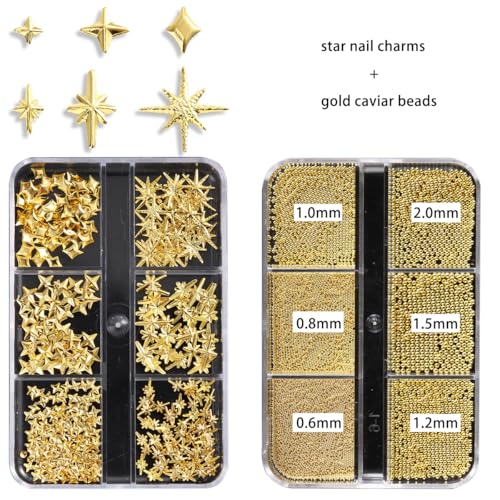 Gold Star Nail Charms and Caviar Beads Set - Y2K Metal Rhinestone Studs for Acrylic Nails DIY Manicure