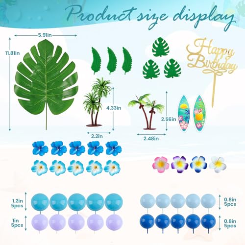 45 Pcs Blue Hawaiian Cake Topper Set with Palm Trees & Surfboards
