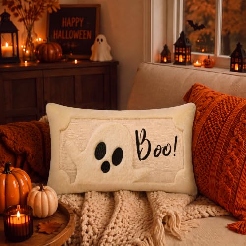 Vintage Halloween Ghost Faux Rabbit Fur Lumbar Pillow Cover 12x20