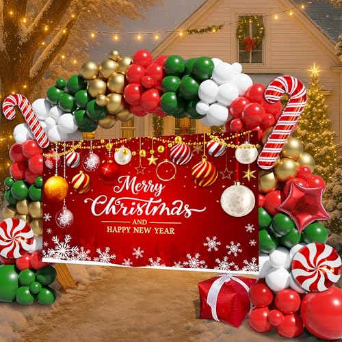 Christmas Balloon Arch Kit with Backdrop and Decorations, 163PCS Party Supplies