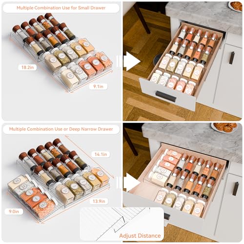 Yieach Adjustable 4-Pack Spice Rack Organizer - Expandable Acrylic Drawer Insert