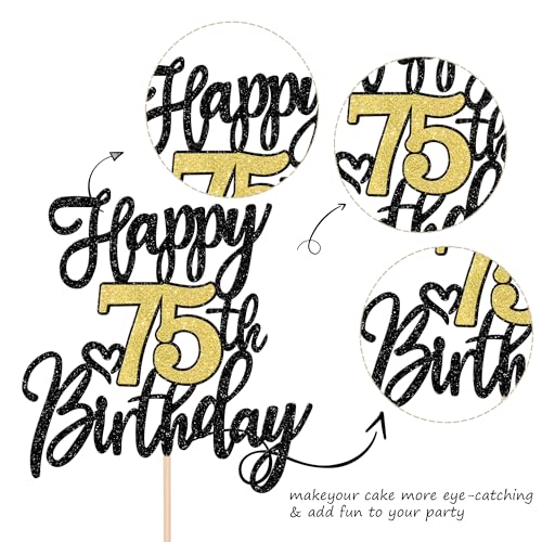 Happy 75th Birthday Cake Topper - Black Gold Glitter Decoration