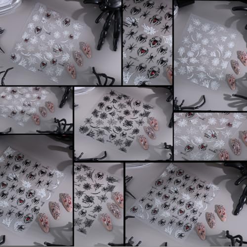 Halloween Nail Stickers 4 Sheets 3D Spider Web Decals with Red Rhinestones