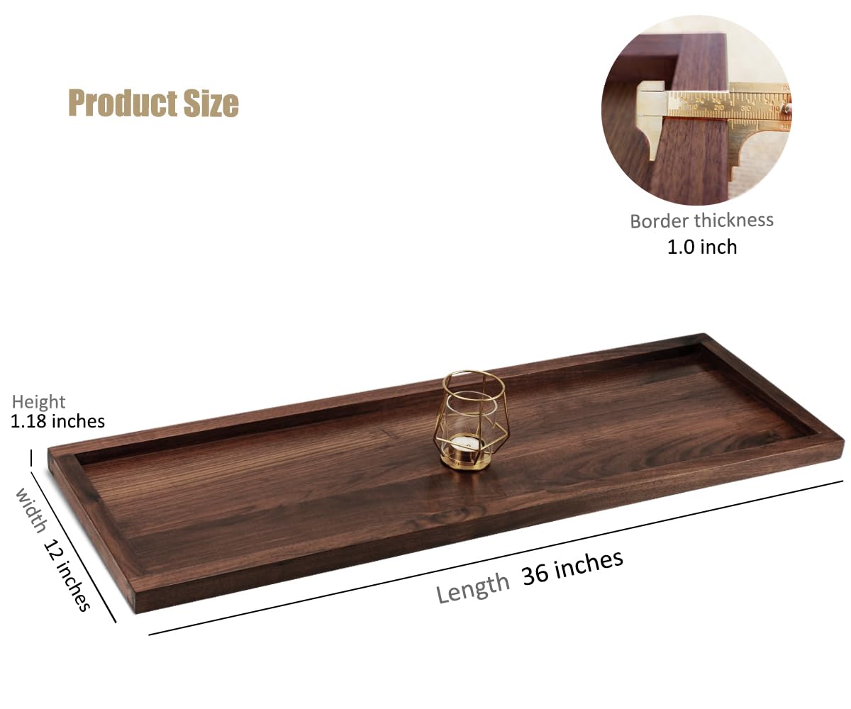MAGIGO 36 x 12 Inches Large Rectangle Black Walnut Wood Ottoman Tray, Serve Tea, Coffee Classic Wooden Decorative Walnut Serving Tray