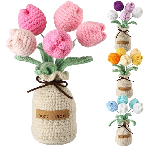Crochet Tulip Bouquet Set - 4 Handmade Spring Flower Arrangements with Vase - 7 Inch