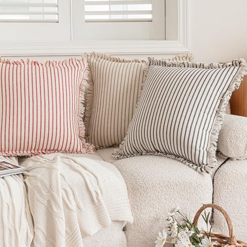 Set of 2 18x18 Inch Farmhouse Boho Throw Pillow Covers with Tassels - Neutral Cotton Decor