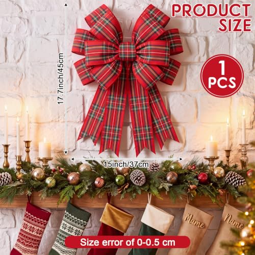 Large Red Christmas Plaid Tartan Bow Wreath Decor - 17.7 x 14.5 Inches