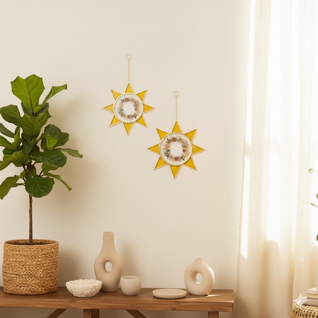 Sunburst Pressed Flower Frames - Decorative Double Glass Wall Art | Horizontal Display for Dried Flowers, Gold Finish