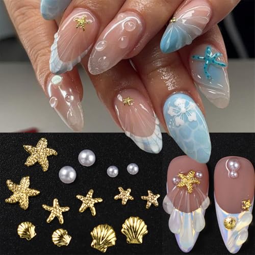 Sutaozhi 200Pcs Summer Starfish Nail Charms Gold Beach Pearl Rhinestones