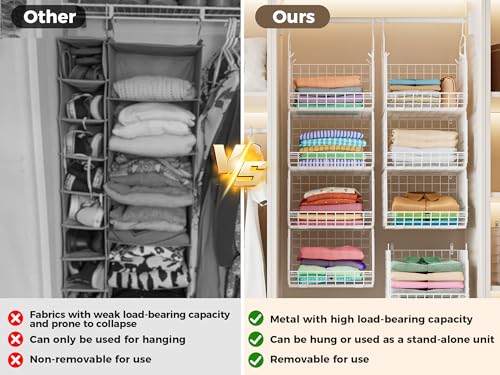 4" Extra Deeper Foldable Hanging Closet Organizer, Small Wire Cabinet Shelves and Storage with 5 S Hooks,4 Tier Metal Basket Bins for Clothes Sweaters Handbags, Wardrobe for Kitchen Laundry Room，White