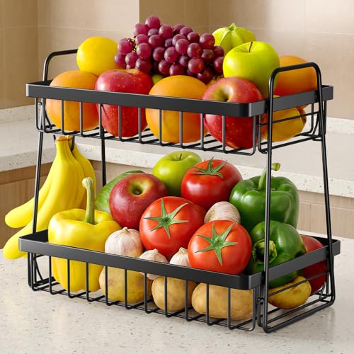 Black 2-Tier Fruit Basket with Removable Banana Hanger - Space-Saving Kitchen Organizer