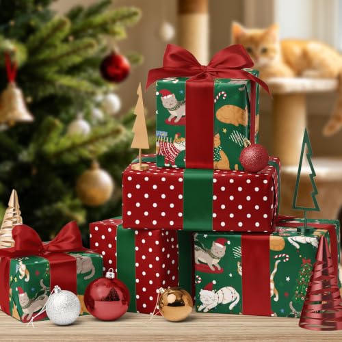 Reversible Christmas Cat Wrapping Paper Roll - 17 x 33 Ft, Holiday Gift Wrap, Pet Lover Gift Wrap, Pack of 1