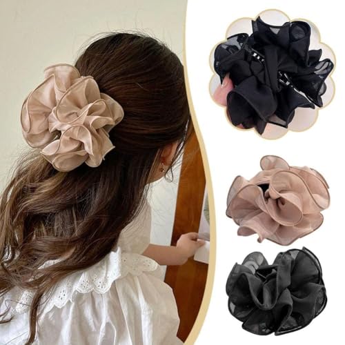 Black Large Chiffon Hair Bow Claw Clip with Rose Fabric Ribbon