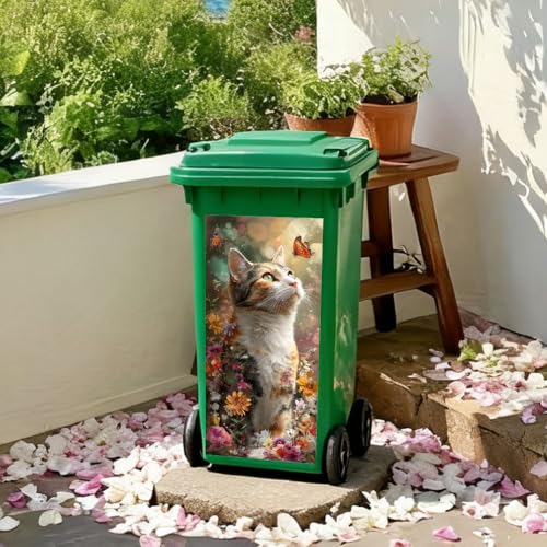 Cat and Butterfly Trash Can Sticker - 15x32 Inch PVC Decal