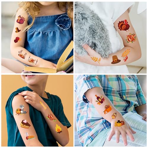 Felico Thanksgiving Temporary Tattoos - 200 Pcs Autumn Harvest Fake Tattoos for Kids Party Favors and Goody Bag Fillers