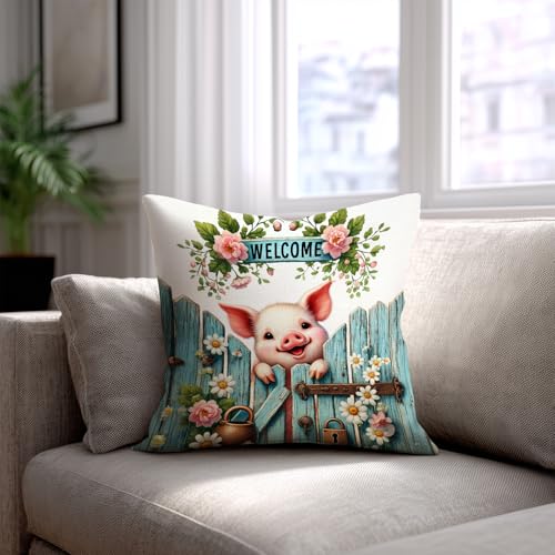 Set of 2 Pig Throw Pillow Covers 18x18 Inch - Cute Farmhouse Decor