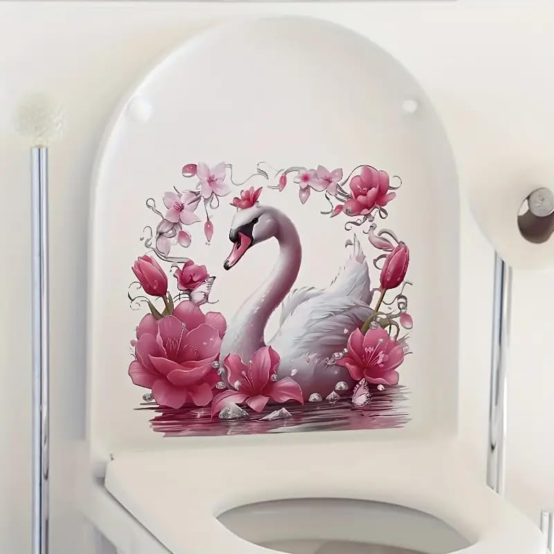 Floral Swan Toilet Lid Decal - Waterproof Self-Adhesive Bathroom Sticker