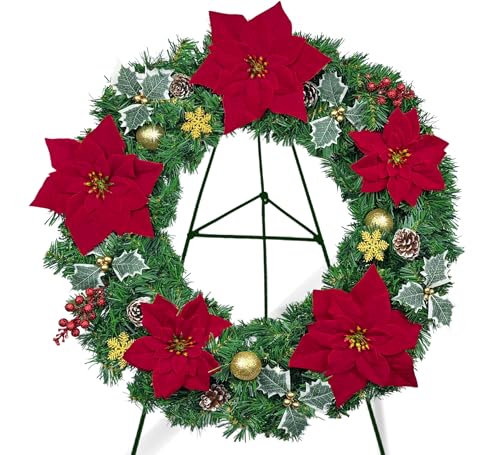 Artificial Cemetery Wreath - 24 Inch Outdoor Grave Decoration with Poinsettia for Winter Remembrance