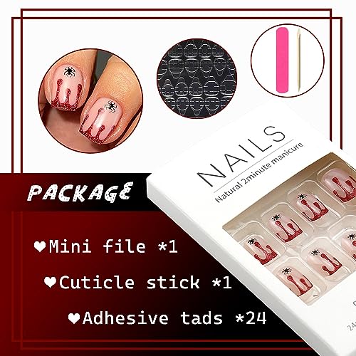HOXIEYA Halloween Press on Nails Red Blood Spooky Spider Fake Nails Square