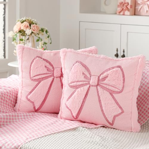 Pink Bow Throw Pillow Covers 18x18 - Set of 2 Faux Fur Coquette Decor
