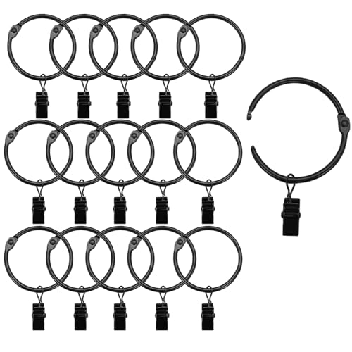 Black Openable Curtain Rings with Clips, 16 Pack, 1 Inch Diameter