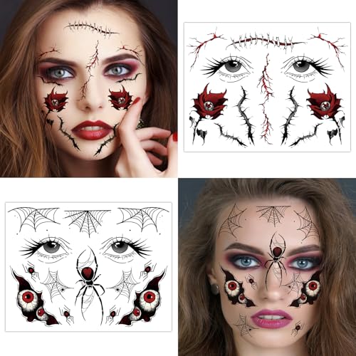 Konsait Halloween Face Tattoos, 8 Sheets Spider Web Fake Makeup Decals