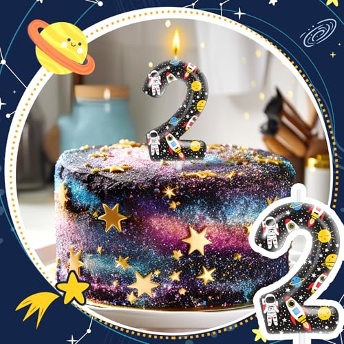Number 2 Space Birthday Candle - Astronaut Planet Cake Topper