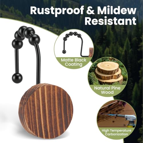 Natural Wood Shower Curtain Hooks - Five Beads Design, 12 Pack
