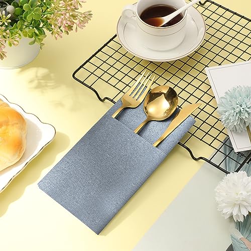 150 Dusty Blue Linen-Like Disposable Napkins for Weddings & Events - Pre Folded with Pocket
