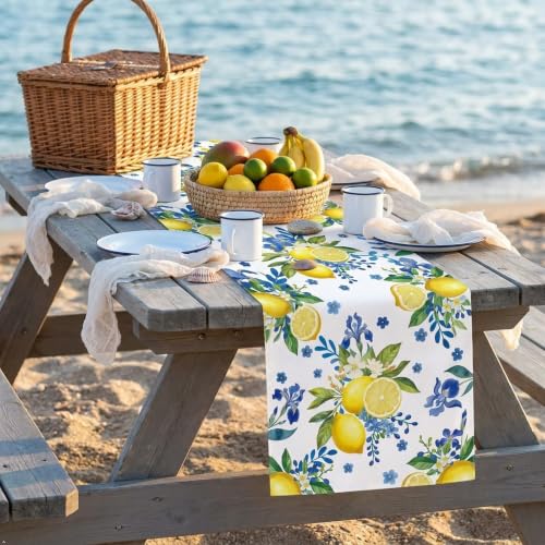 Lemon & Blue Floral Table Runner | 72 x 13 in | Machine Washable