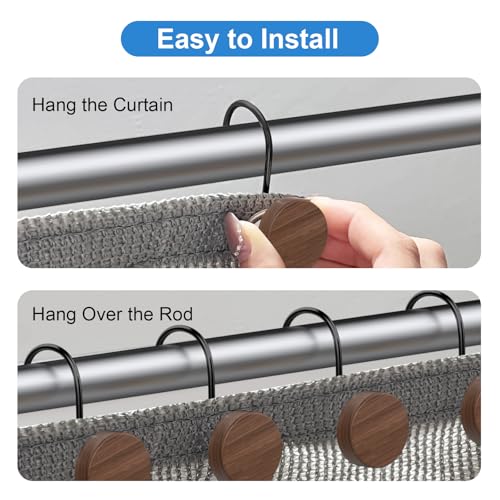 Imitation Wood Grain Shower Curtain Hooks - 12PCS Waterproof Rings