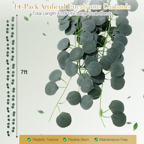 14 Pack 98ft Artificial Eucalyptus Garland - Lifelike Greenery for Home Decor & Weddings