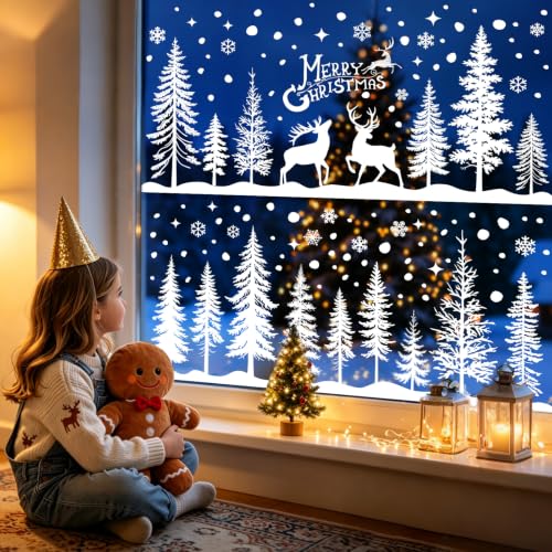 Christmas Window Clings - Double Sided White Xmas Forest Tree Snowflakes Deer Decorations