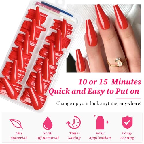 Lifextol Long Red Coffin Press On Nails Kit with Glue and Adhesive Tabs
