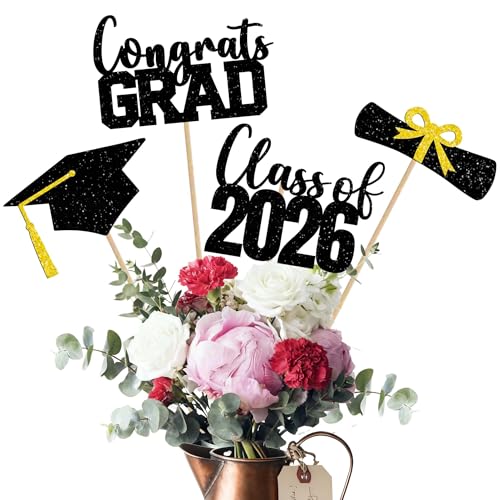 Jiiohur Class of 2026 Graduation Centerpieces Sticks - 16 Pcs, Black & Gold Party Supplies (Bg)
