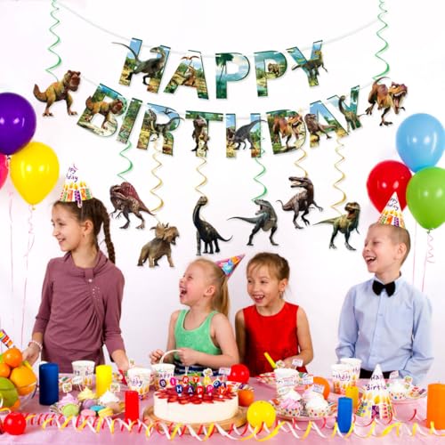 Dinosaur Birthday Decorations Set - Happy Birthday Banner & 8 Swirls