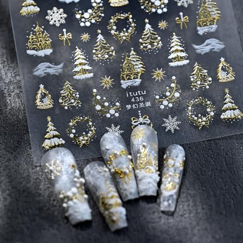 TailaiMei Embossed Christmas Nail Decals Gold Xmas Tree Snow Stickers