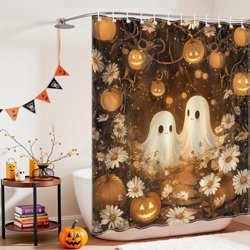 Cute Halloween Shower Curtain - Orange Pumpkin & Ghost - 72x72"