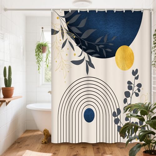 BLOCE Boho Mid-Century Shower Curtain Set, Blue Grey, 72x72 Inch