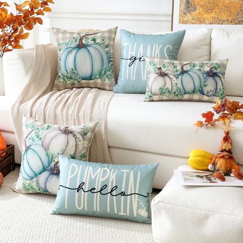 Fall Decorative Pillow Covers 12x20 Inch Set of 4 - Light Blue Pumpkin Design