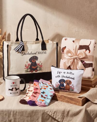 Dachshund Gift Set for Women - Dog Mom Gifts with Blanket, Tote, Socks & Mug - Variation of Dachshund