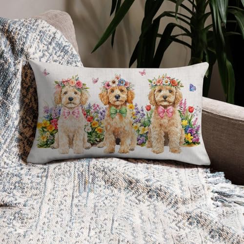 Golden Dog Decorative Pillow Cover 12x20 Inch with Floral Design
