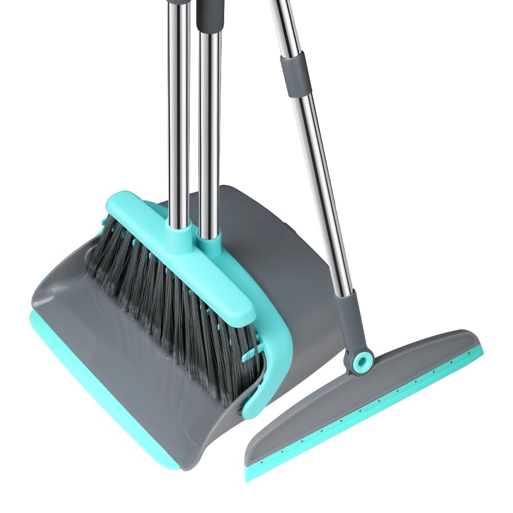 Michao Upgrade Broom and Dustpan Set, Silicone Broom,Long Handle Broom with Upright Standing Dustpan, Squeegee - Broom for Indoor Cleaning 2+1,for Indoor Outdoor,Smooth Floors, Rugs (Green-Grey)