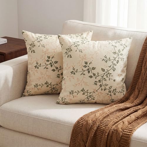 Vintage Floral Throw Pillow Covers 18x18 Inch - Green & Cream