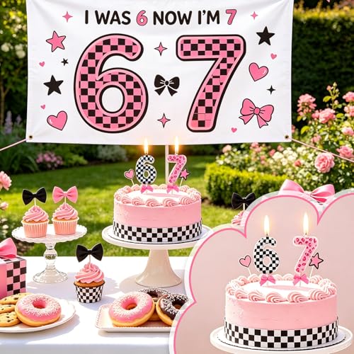 6 7 Birthday Candles - Pink Bow Cake Topper for 7th Birthday