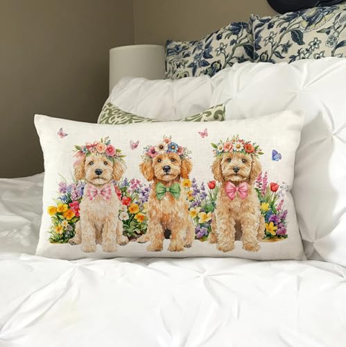 Golden Dog Decorative Pillow Cover 12x20 Inch with Floral Design