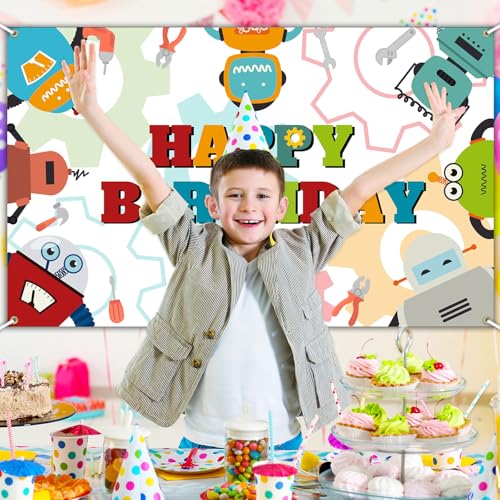 Robot Birthday Backdrop Banner - 6x3.6ft Party Decoration
