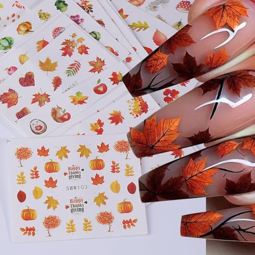 Autumn Water Nail Decals 24 Sheets Fall Thanksgiving Nail Art Stickers