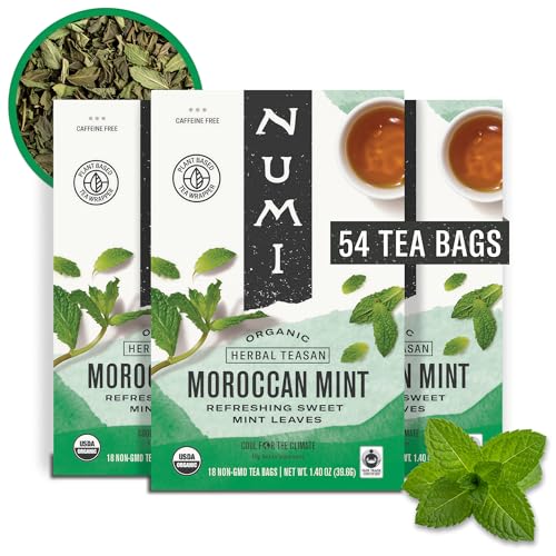 Numi Organic Moroccan Mint Tea - 18 Herbal Tea Bags, Caffeine-Free, 1.5 oz, Fair Trade & Organic